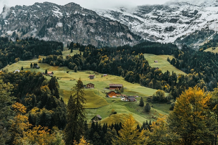 4K mountain village with houses and trees