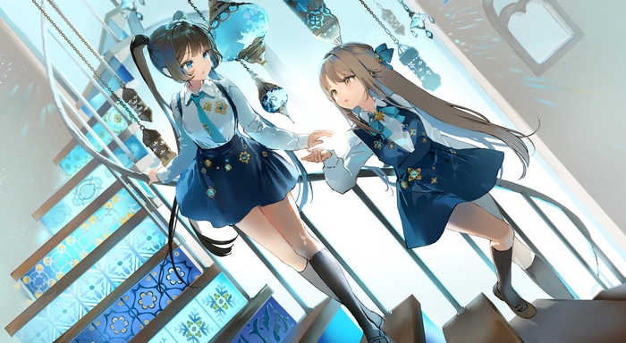 Anime girls in school uniforms on stairs