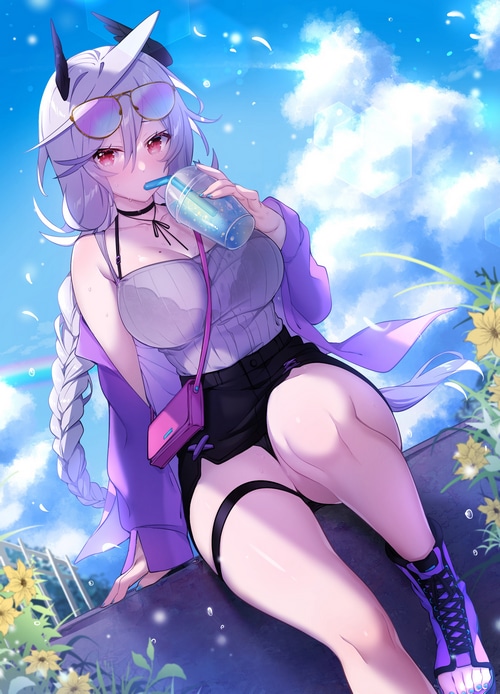 Anime girl with braids and sunglasses drinking