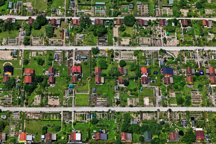 Aerial view of a German suburban neighborhood with gardens