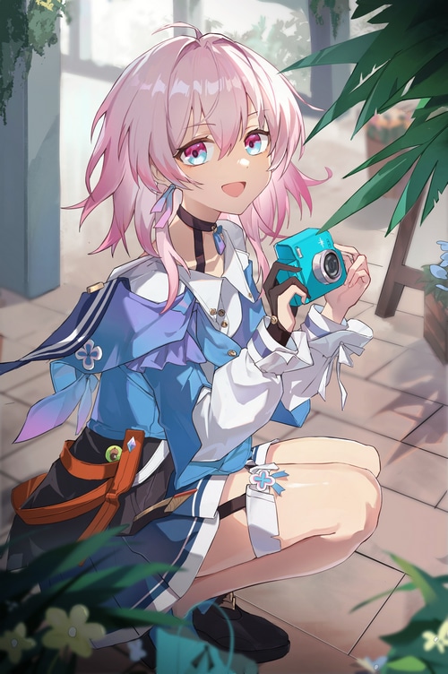 Girl with pink hair holding a camera