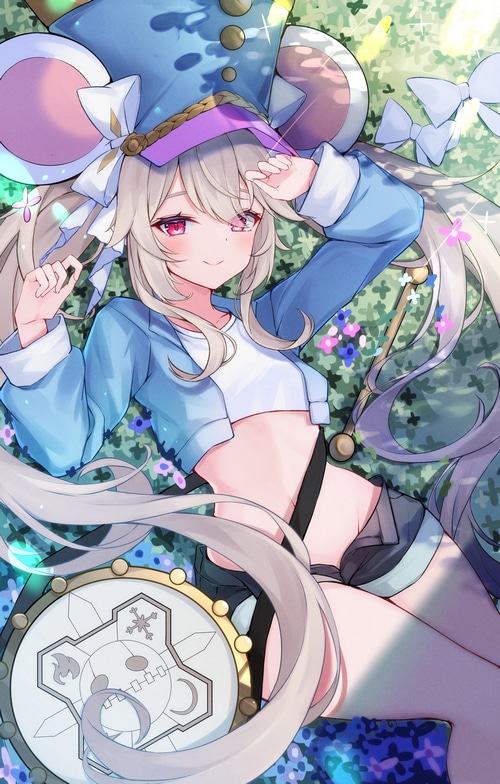 Anime girl with animal ears lying on grass