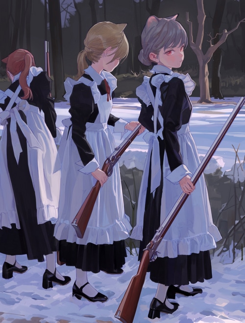 Maid outfit girls with rifles in the snow