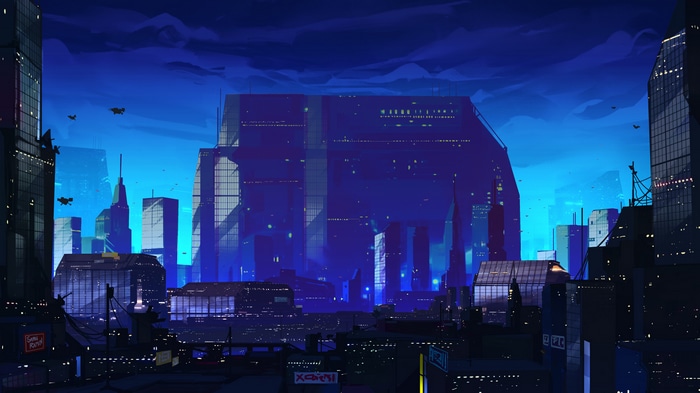 Futuristic cityscape at night with flying vehicles