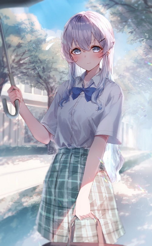 Anime schoolgirl with umbrella and plaid skirt