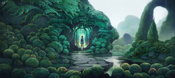Girl standing at the entrance of a magical forest