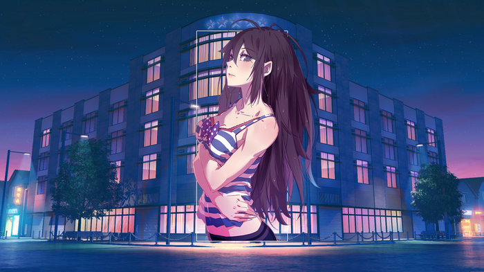 Anime girl in swimsuit in front of a building at night