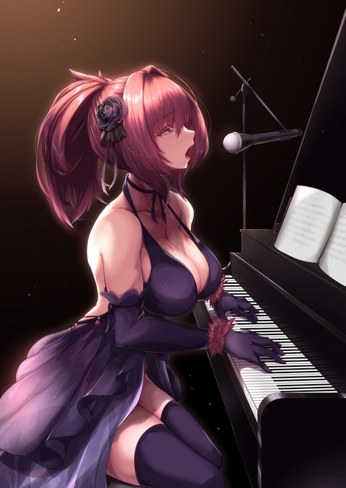 Scathach singing and playing piano with microphone