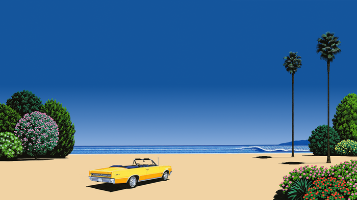 Yellow convertible car on a beach with palm trees