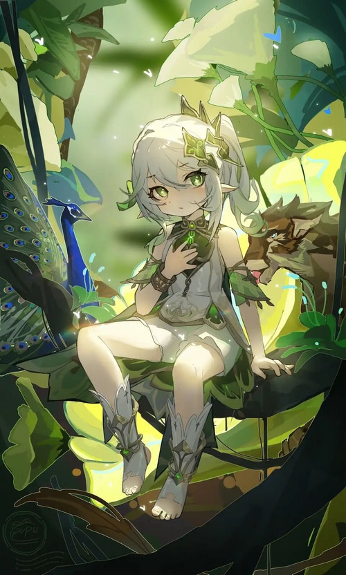 Nahida with a peacock and a lion in a forest