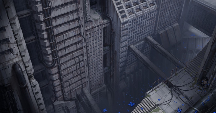 Ruined Megastructure City with Blue Butterflies