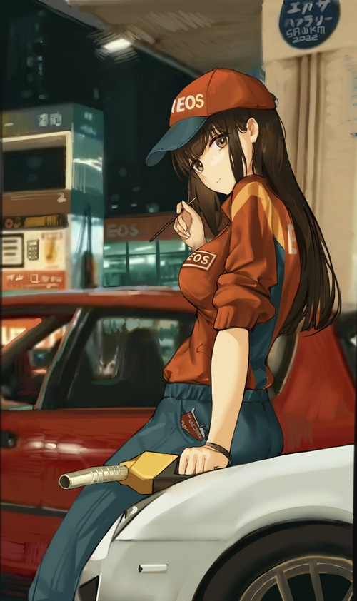 EOS gas station attendant with a gas pump nozzle