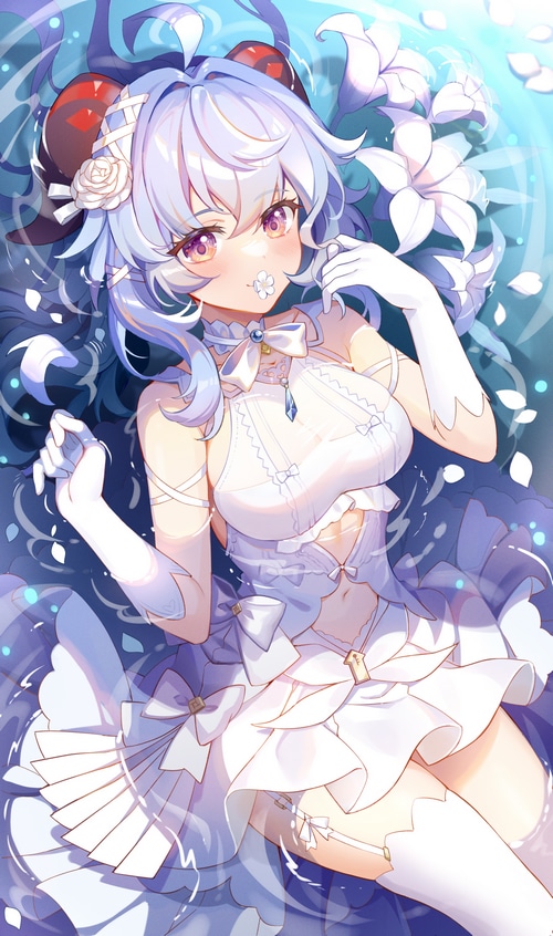 Ganyu from Genshin Impact in a white dress with flowers
