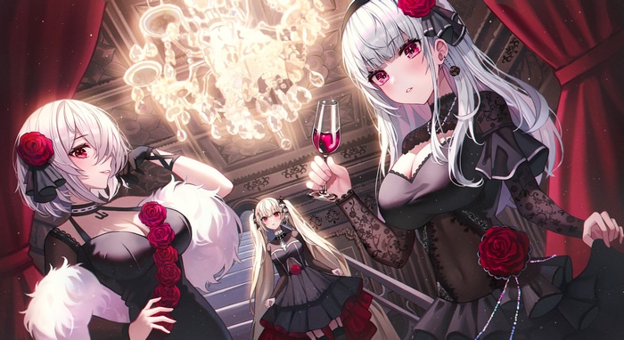 Three women in black dresses with roses, 4K