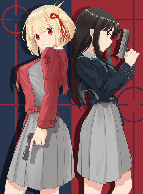 Lycoris Recoil: Nishikigi Chisato and Inoue Takina with guns