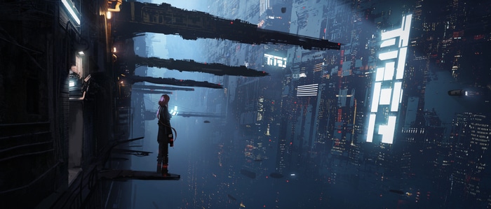Cyberpunk futuristic city with a person in a gas mask