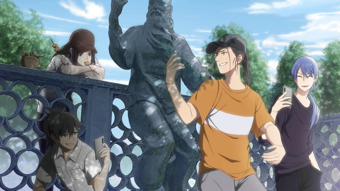 Anime boys taking photos in a park