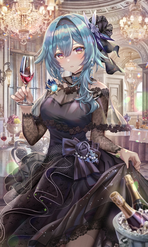 Eula from Genshin Impact holding wine in a ballroom