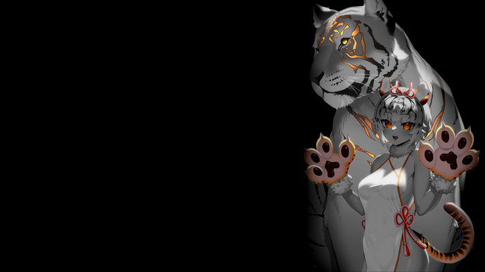 White tiger girl with large tiger behind her