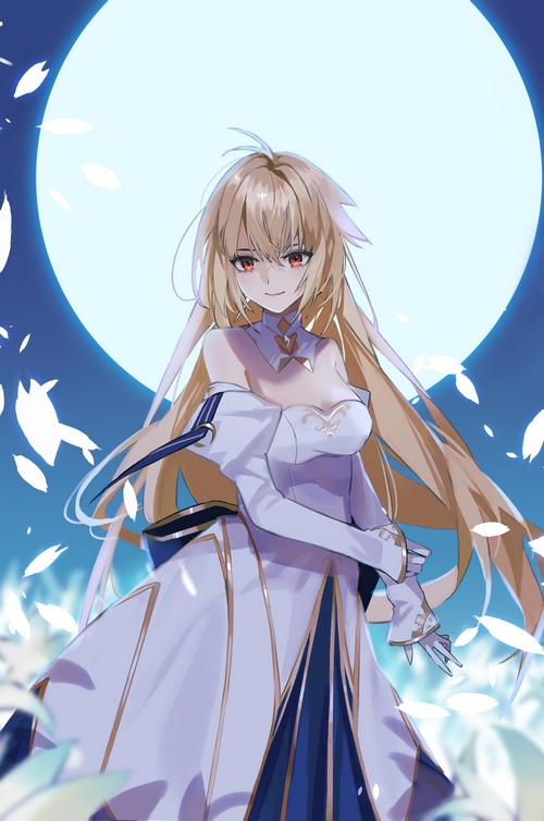 Arcueid Brunestud in front of a large moon