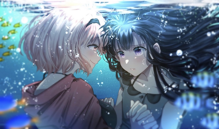 Lycoris Recoil fan art: Chisato and Takina underwater with fish