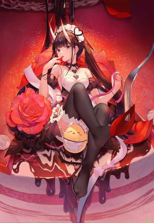 Noshiro from Azur Lane on a cake with a fork