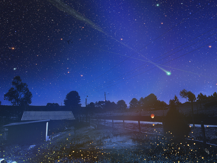 4K Starry Night with Meteor Shower and Rural Scene
