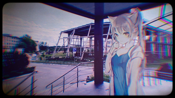 Anime girl with cat ears in abandoned place