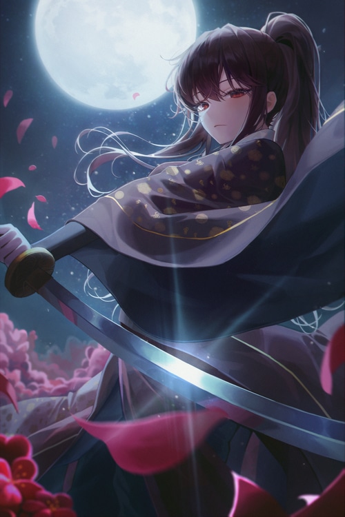 Anime girl with katana under the moon
