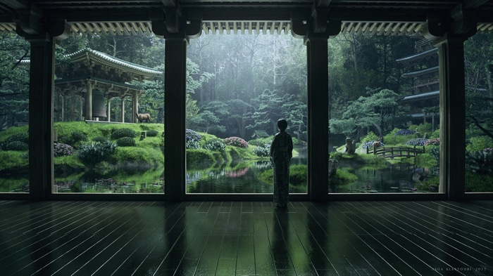 4K Zen Garden with Temple and Forest