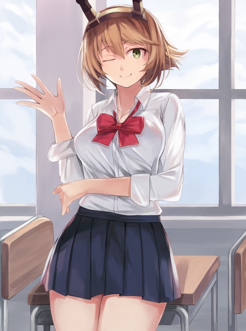 Mutsu from Kantai Collection winks and waves