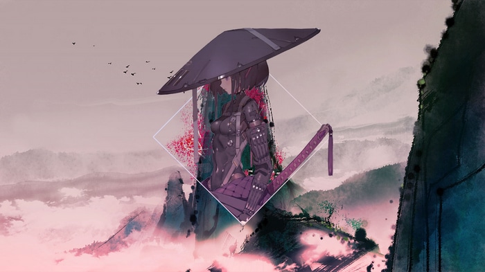 Samurai woman with a hat and sword