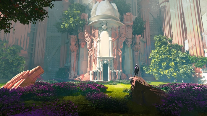 Fantasy garden with ancient architecture and a lone figure