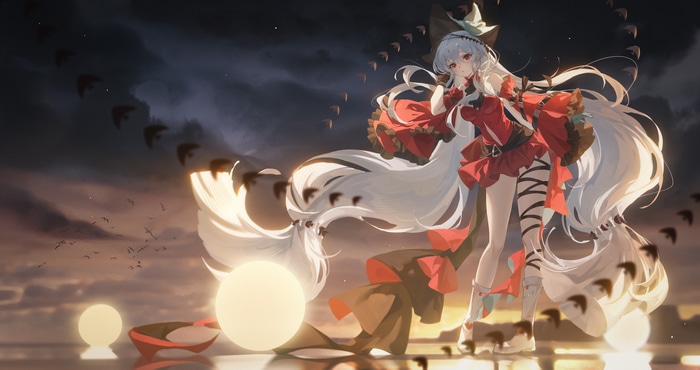 Arknights Skadi in a red dress with white hair