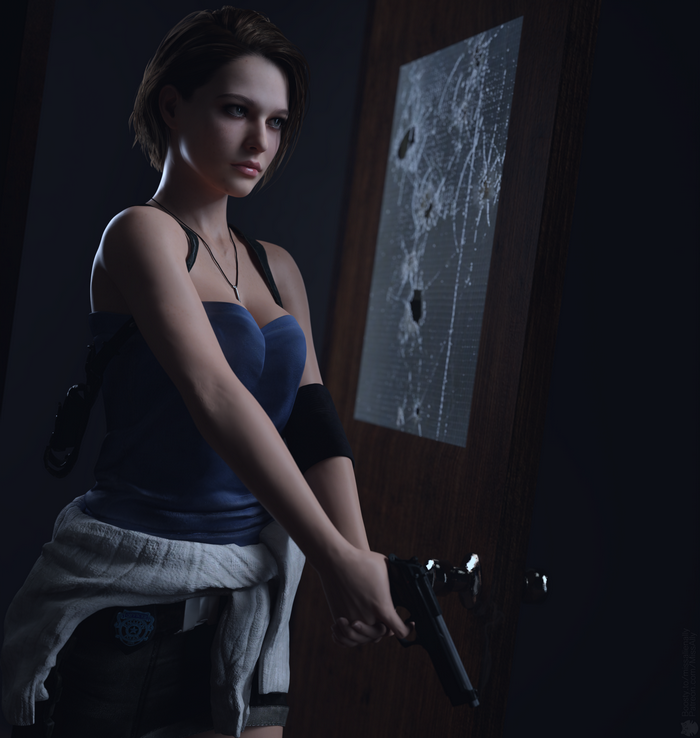 Jill Valentine holding a gun in Resident Evil