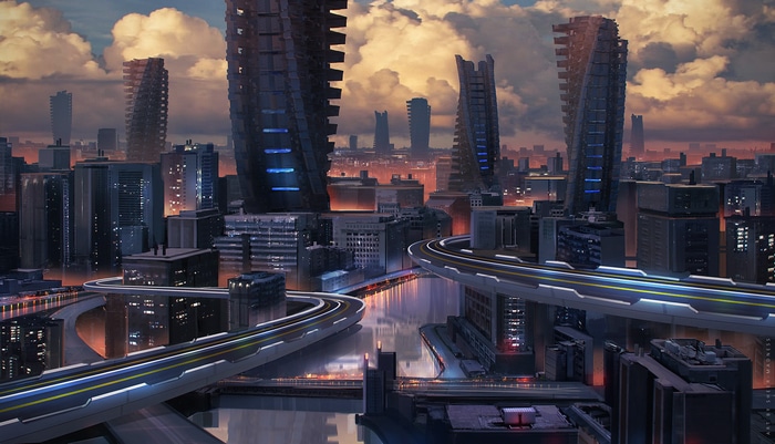Futuristic cityscape with elevated highways and skyscrapers