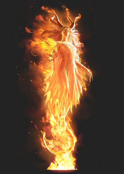 Fantasy art of a woman made of fire with horns