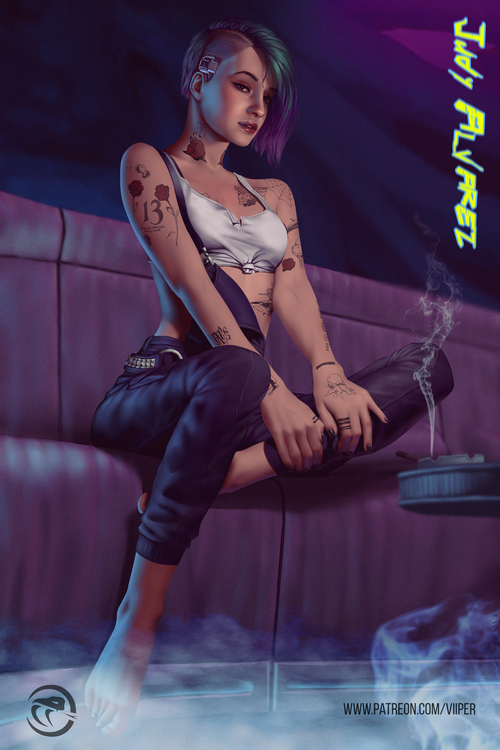 Judy Alvarez from Cyberpunk 2077 smoking