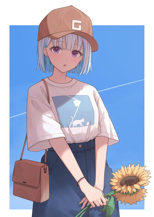 Girl with purple eyes and hat holding sunflowers