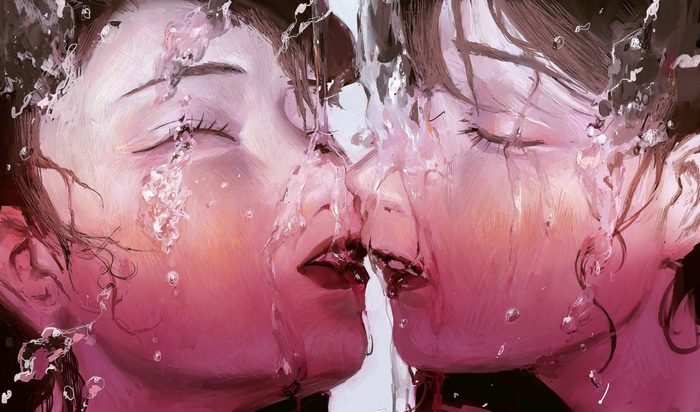 Two women kissing through water