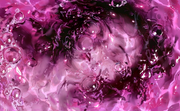 Pink liquid with bubbles and dark swirls