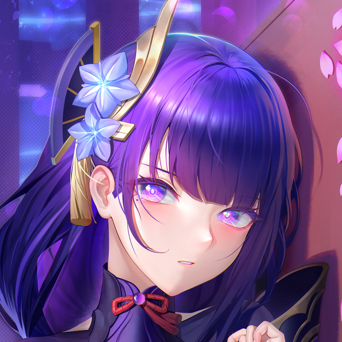 Raiden Shogun with purple hair and eyes from Genshin Impact