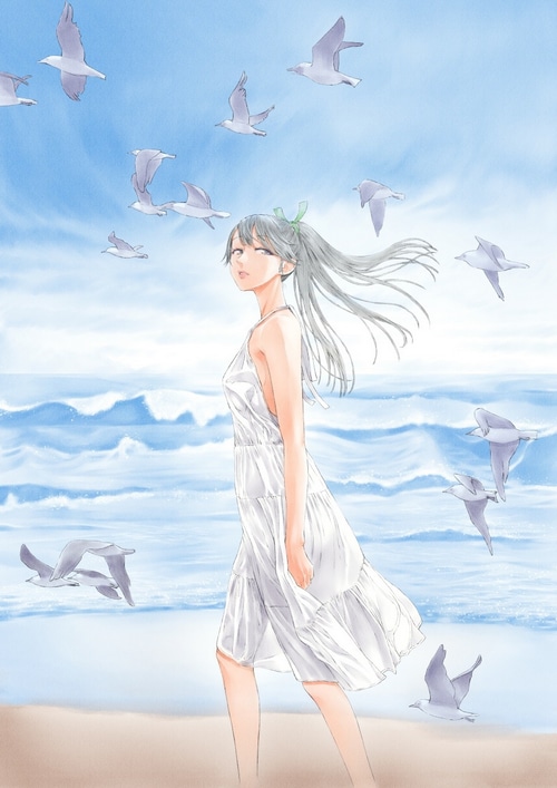 Girl in white dress with seagulls at the beach