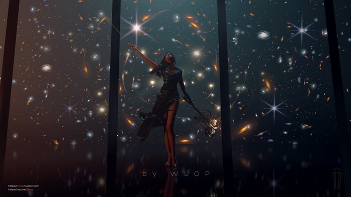 Artwork by WLOP featuring a woman in a cosmic background