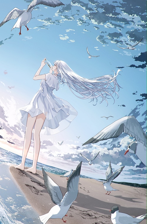 Girl with white hair drinking from a bottle on a beach with seagulls