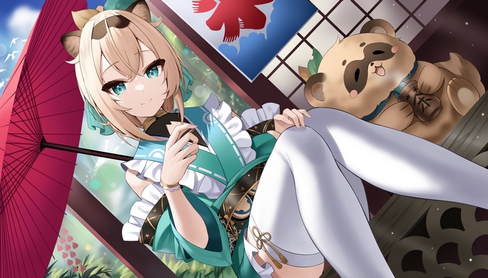 Anime girl with animal ears and tanuki plush