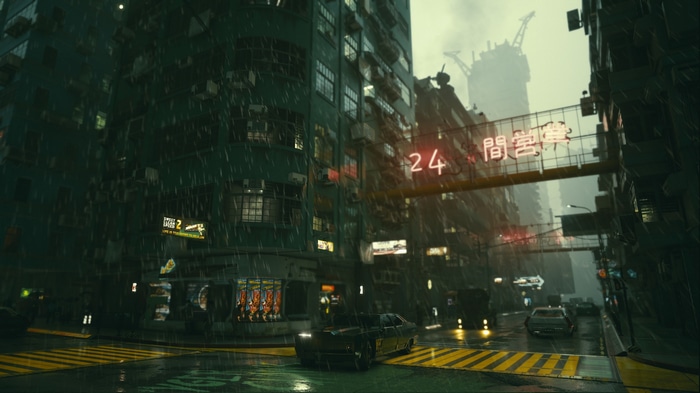 Cyberpunk 2077 city street at night with rain