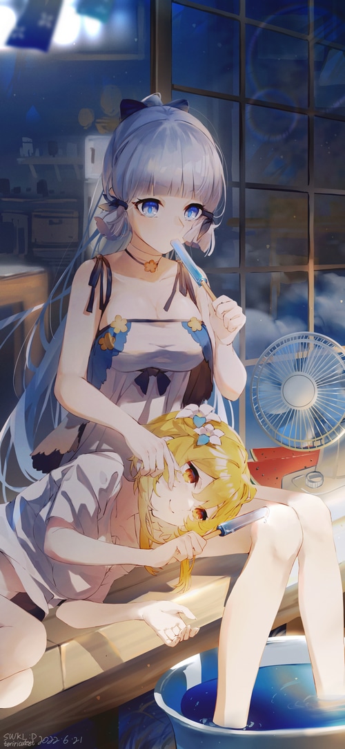 Kamisato Ayaka and Lumine eating popsicles