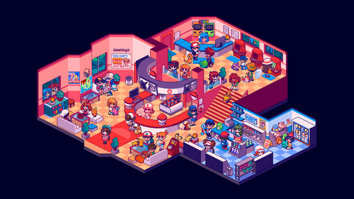 Pixel Art Pokemon Center with Characters and Pokemon