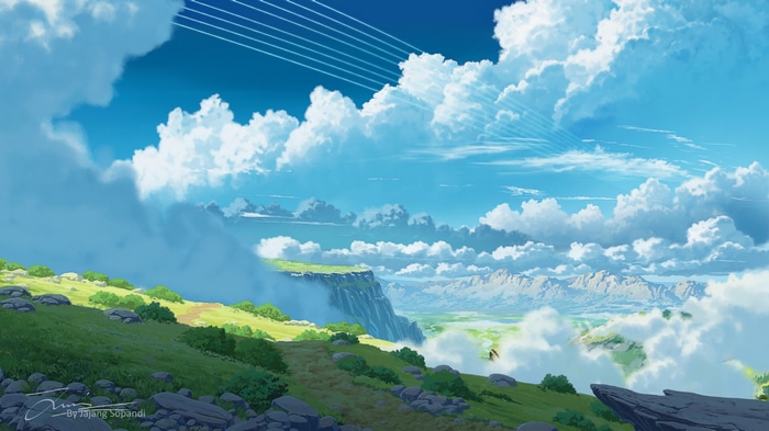 Anime Landscape with Clouds and Mountains by Jajang Sopandi